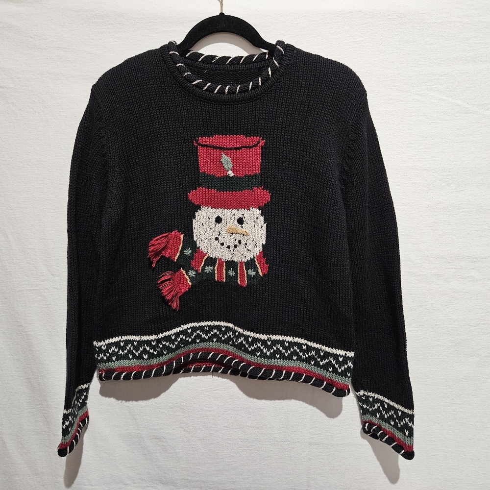 Christopher & Banks Black Hand Embroidered Snowman Xmas Pullover Sweater Women L